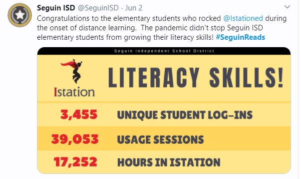 Seguin ISD tweet praising students for Istation usage
